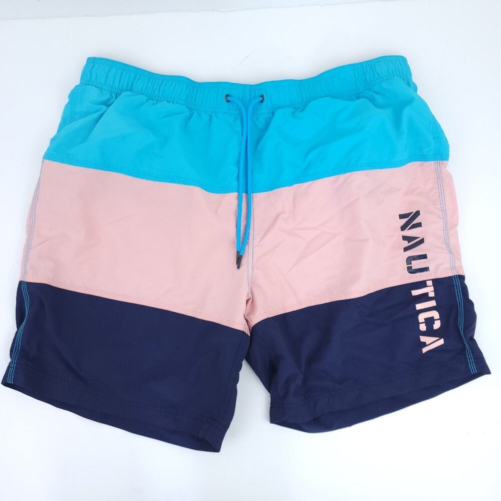 Nautical Men Stripe Swim Trunks Size Large Blue, Peach, Board Shorts